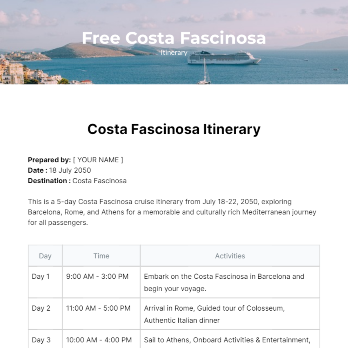 Costa Fascinosa Itinerary Template Edit Online & Download Example