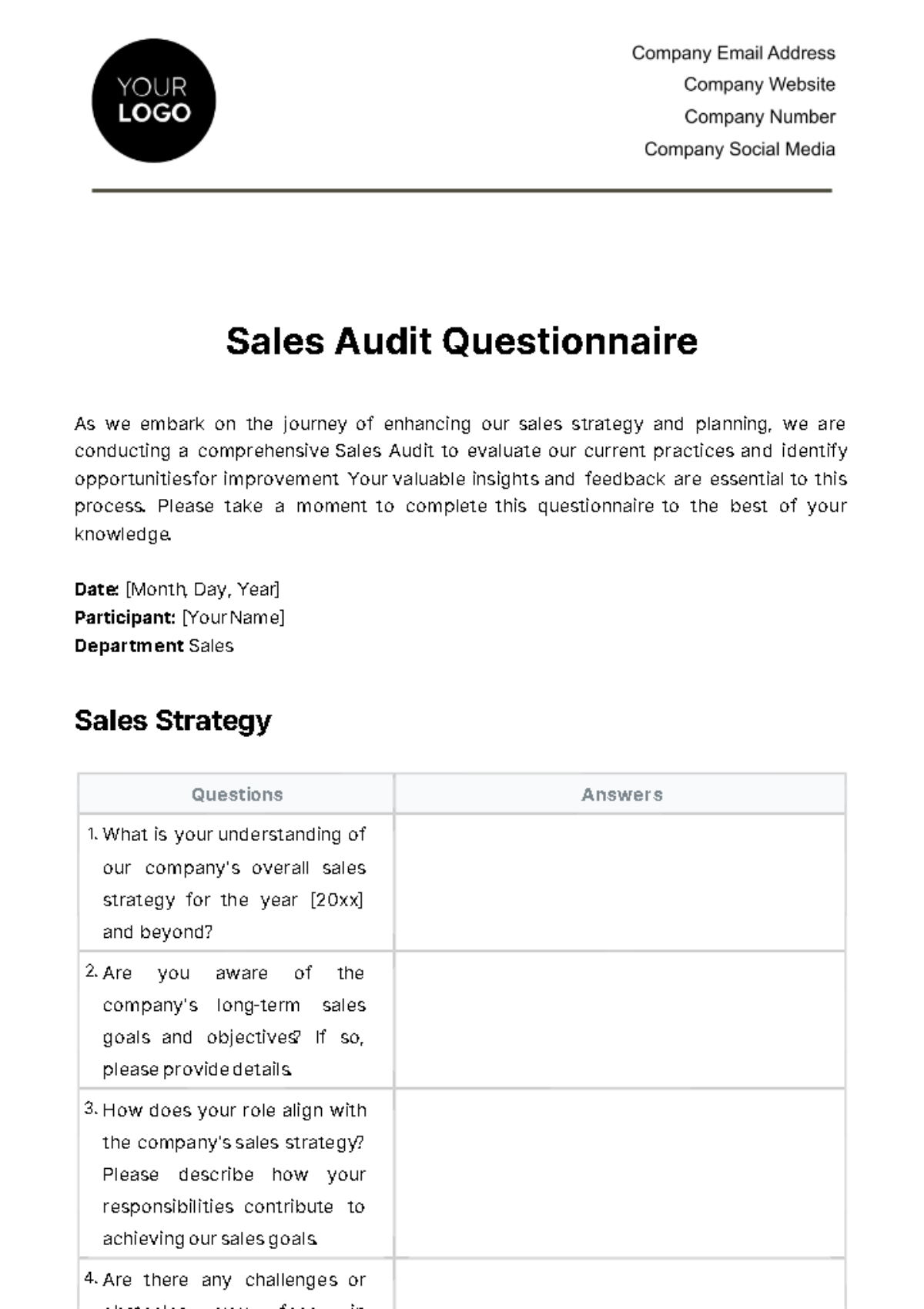 Free Sales Audit Questionnaire Template