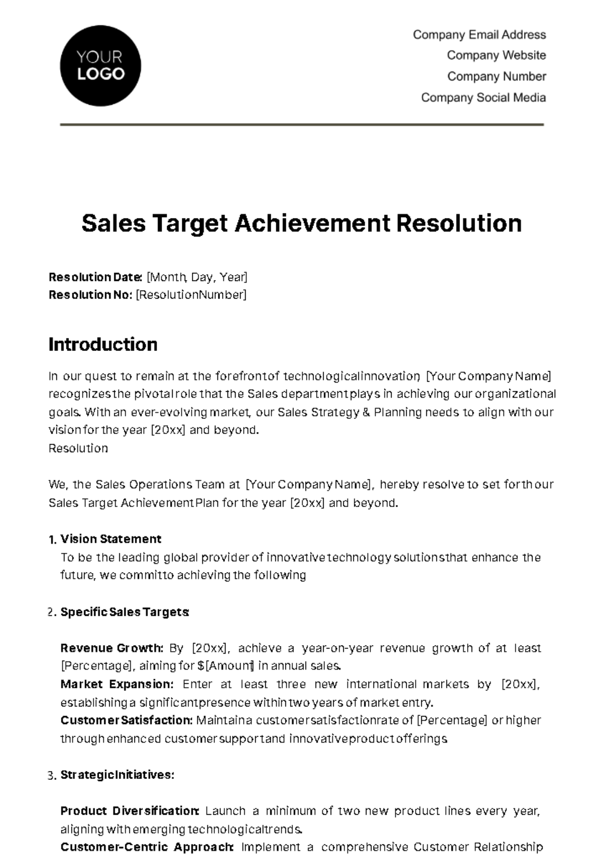 Free  Sales Target Achievement Resolution Template