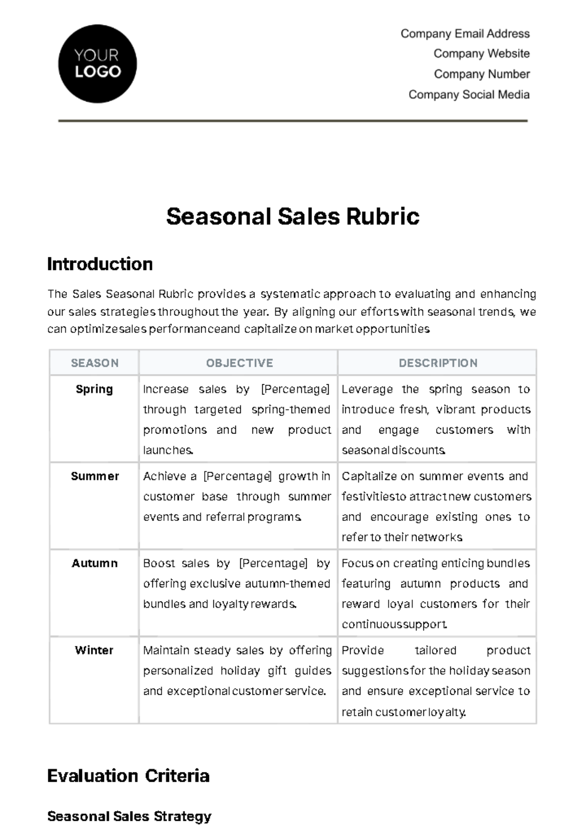 Sales Seasonal Rubric Template