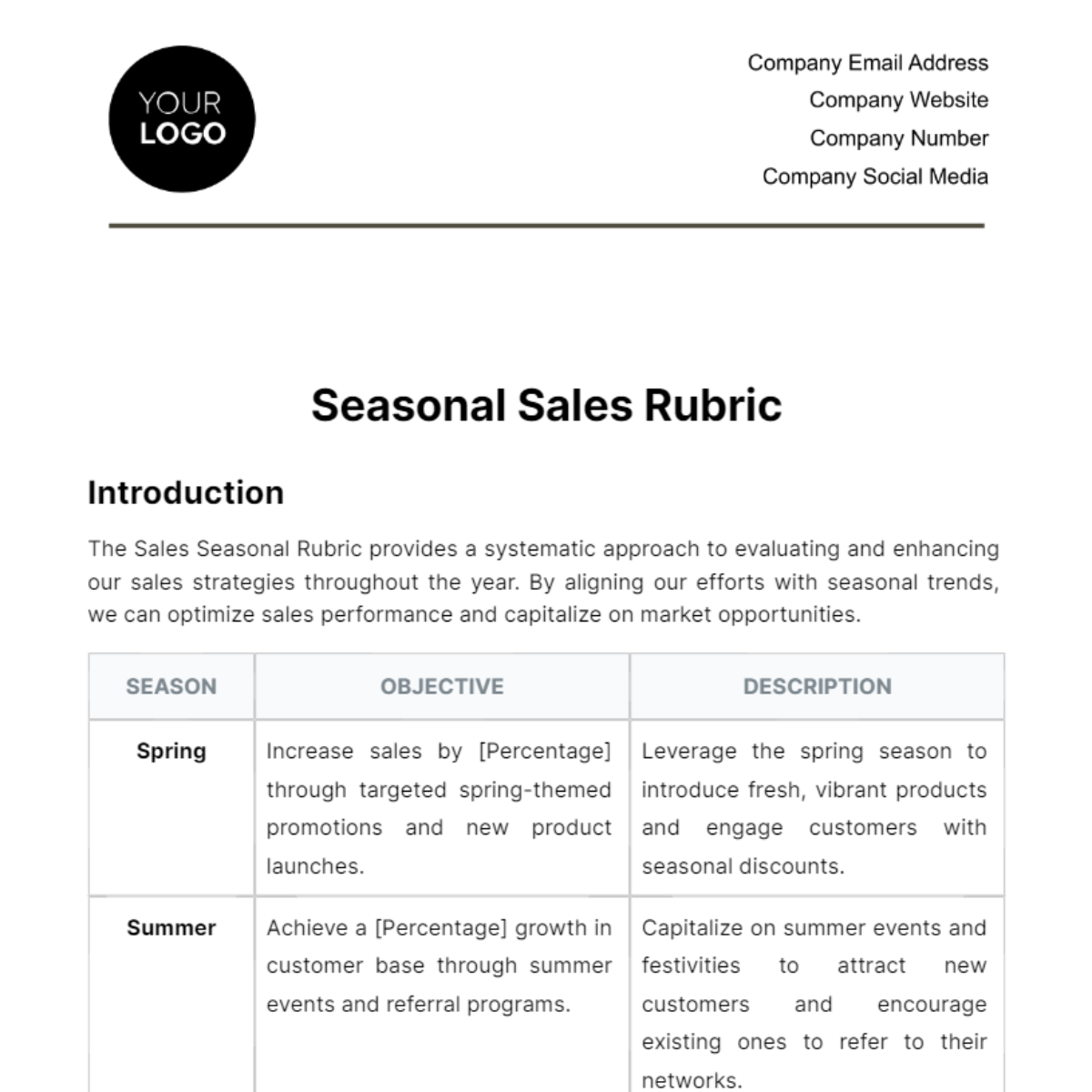 Sales Seasonal Rubric Template - Edit Online & Download