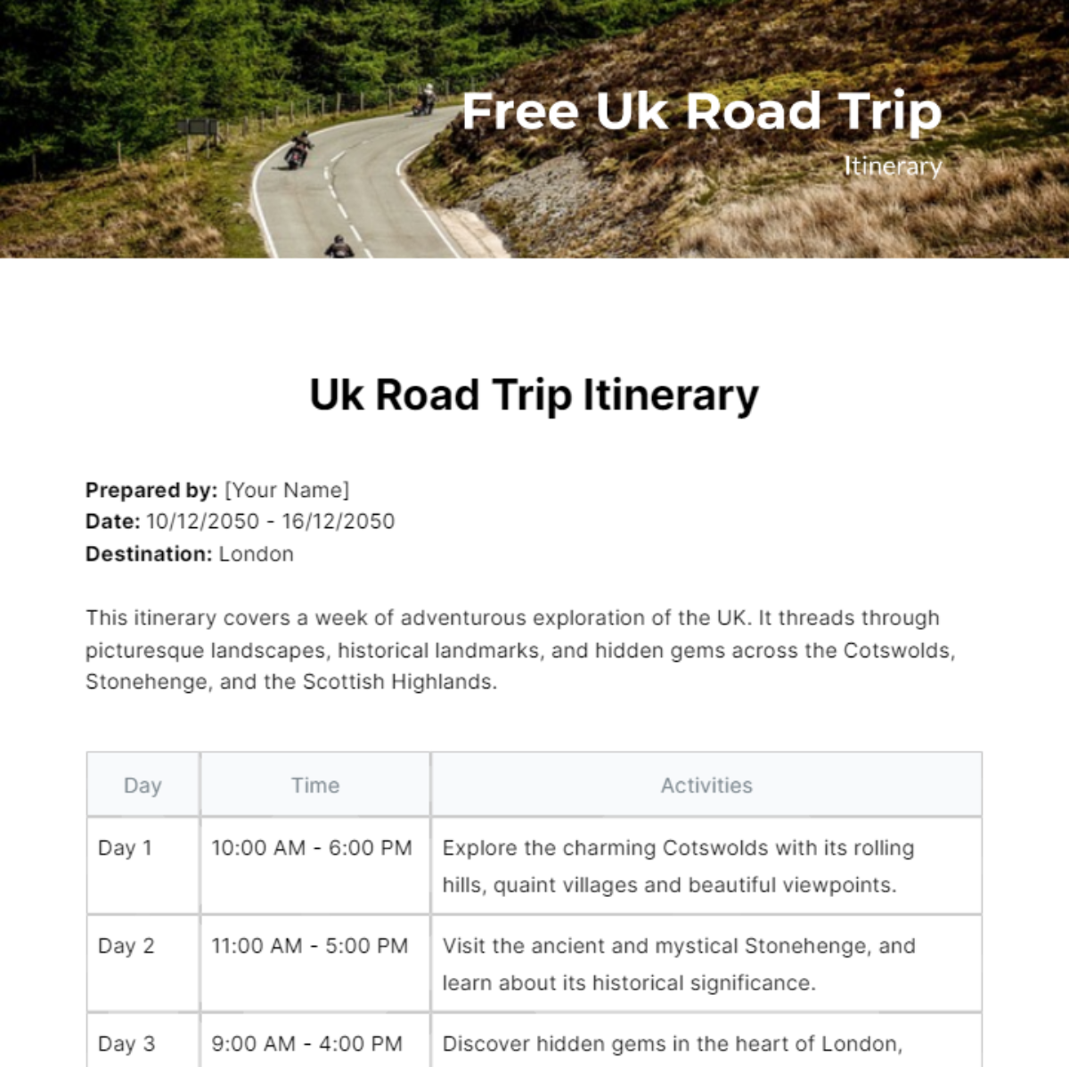 Uk Road Trip Itinerary Template Edit Online Download Example