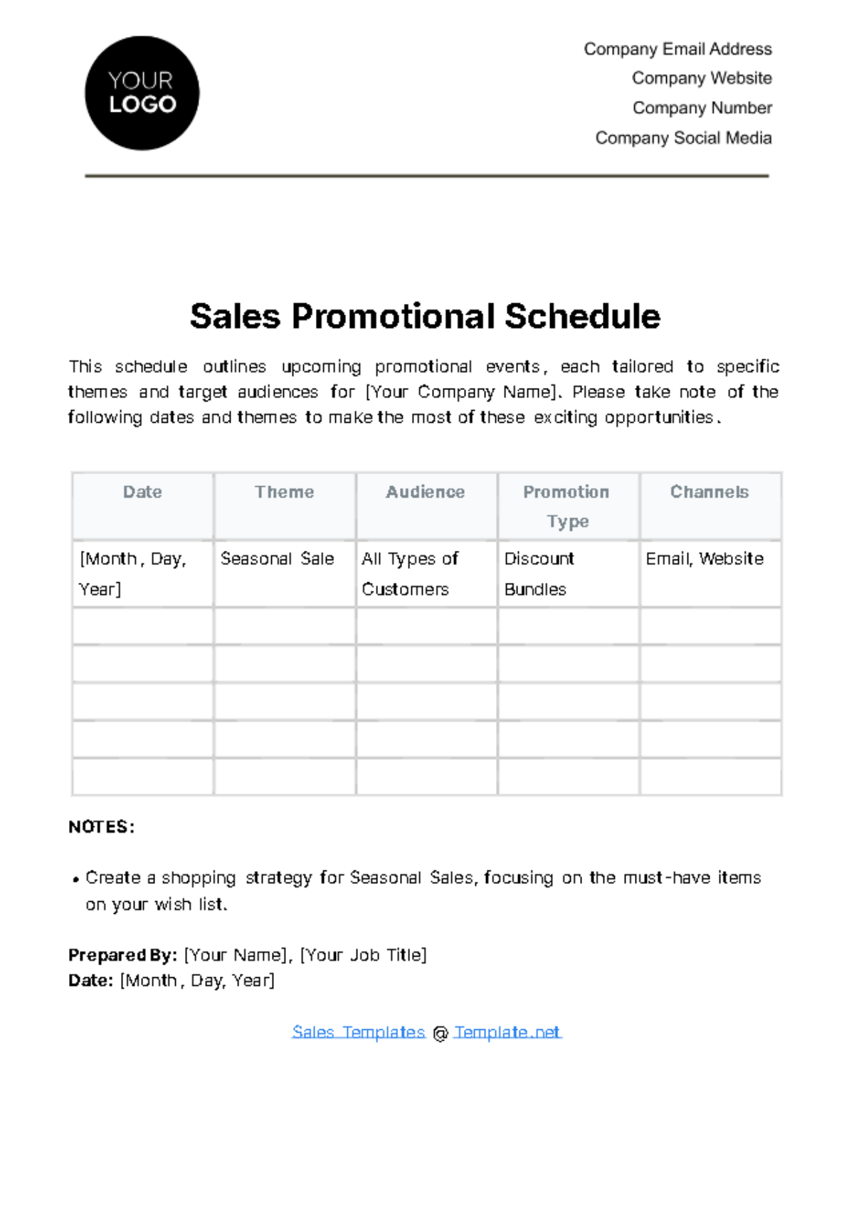 Free Sales Promotional Schedule Template