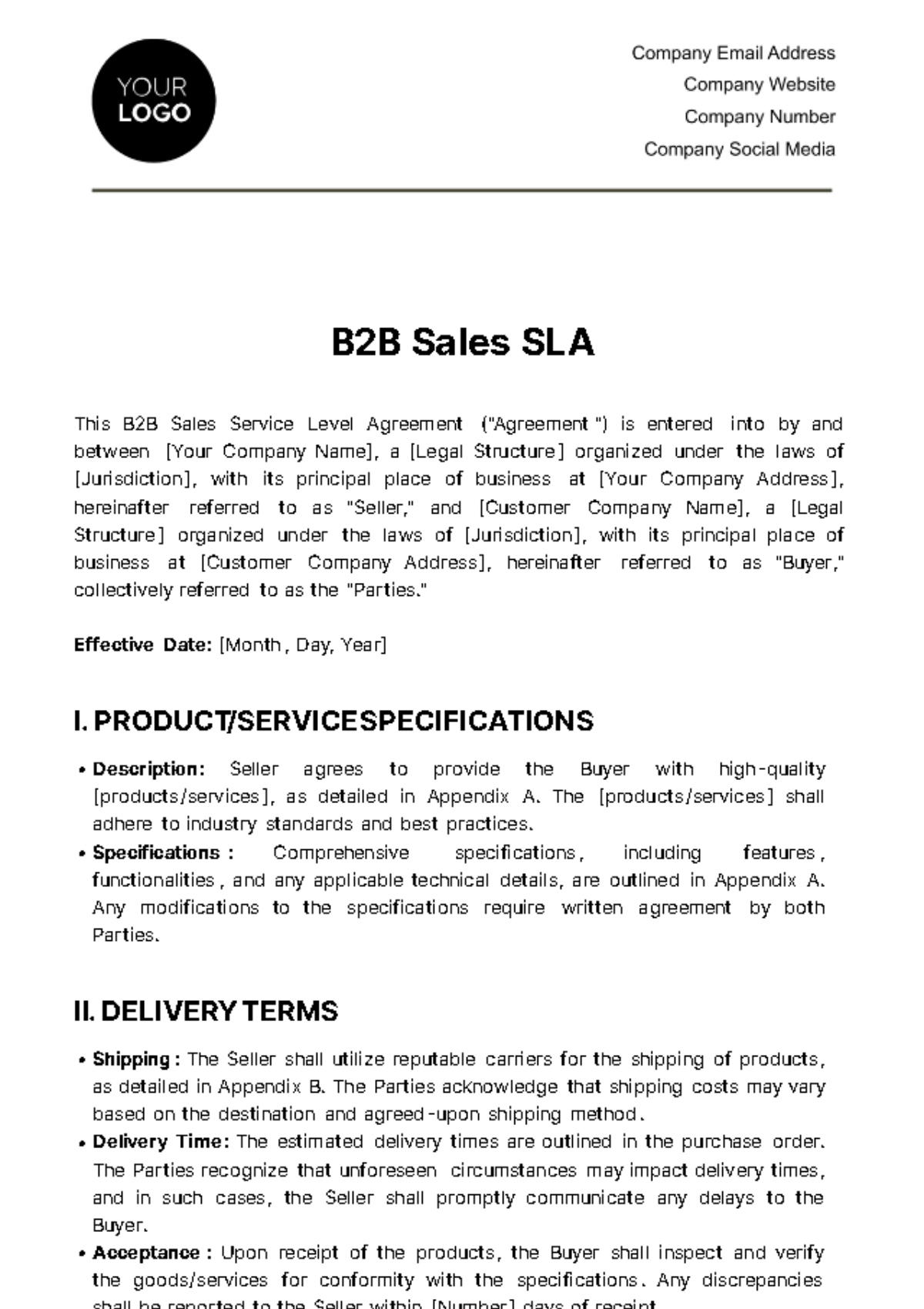 B2B Sales SLA Template