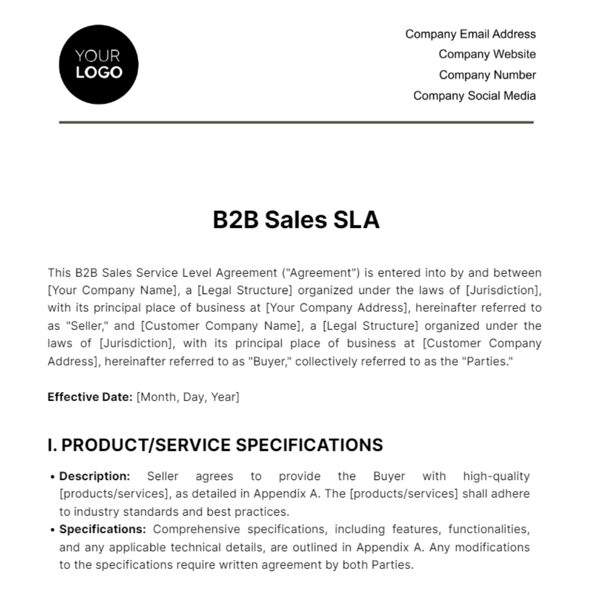 B2B Sales SLA Template - Edit Online & Download