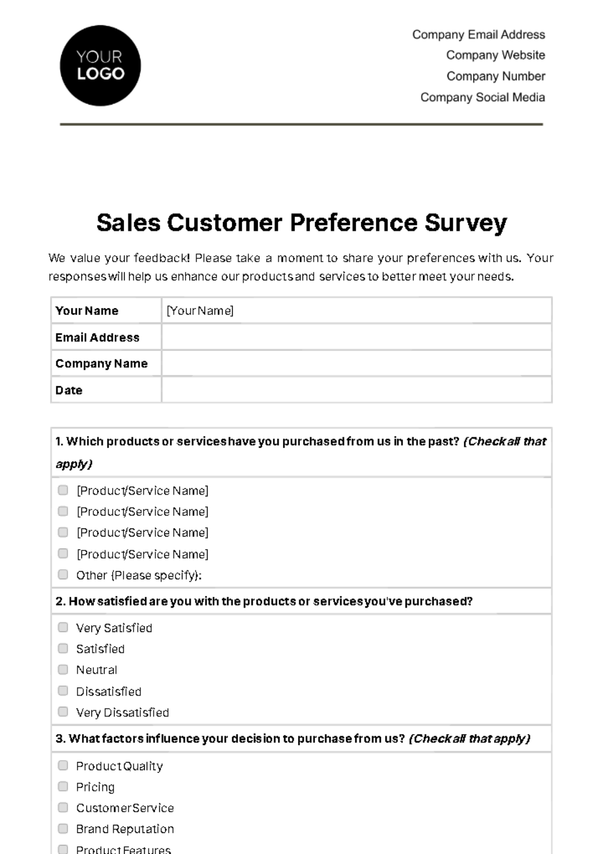 Free Sales Customer Preference Survey Template