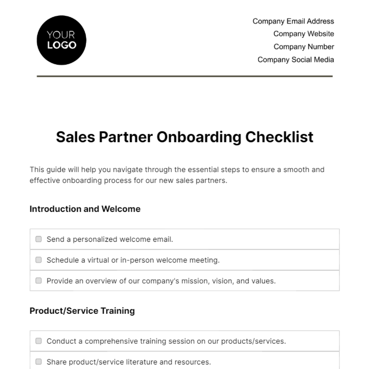 Sales Partner Onboarding Checklist Template - Edit Online & Download