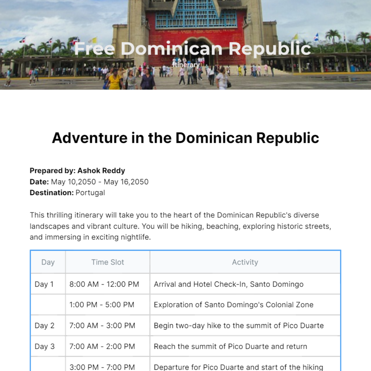 Dominican Republic Itinerary Template - Edit Online & Download