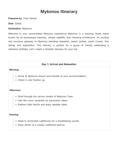Free Mykonos Itinerary Template to Edit Online