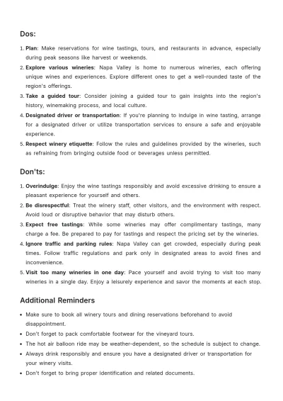 Free Napa Valley Itinerary Template to Edit Online