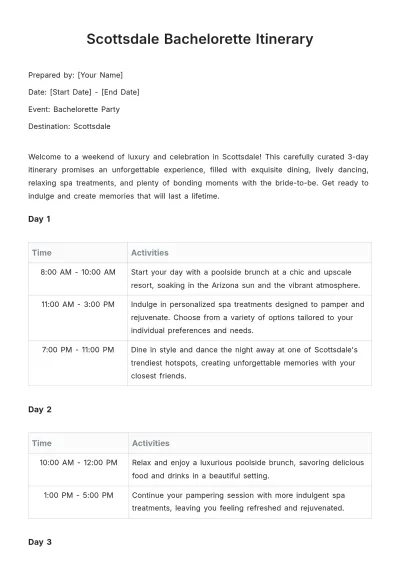 Free Scottsdale Bachelorette Itinerary Template to Edit Online