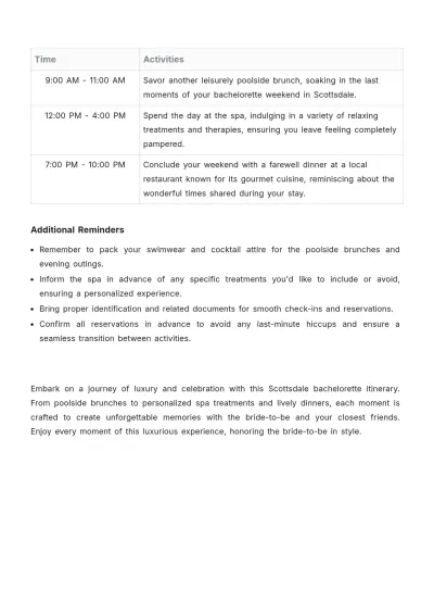 Free Scottsdale Bachelorette Itinerary Template to Edit Online