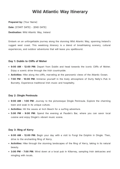 Free Wild Atlantic Way Itinerary Template to Edit Online