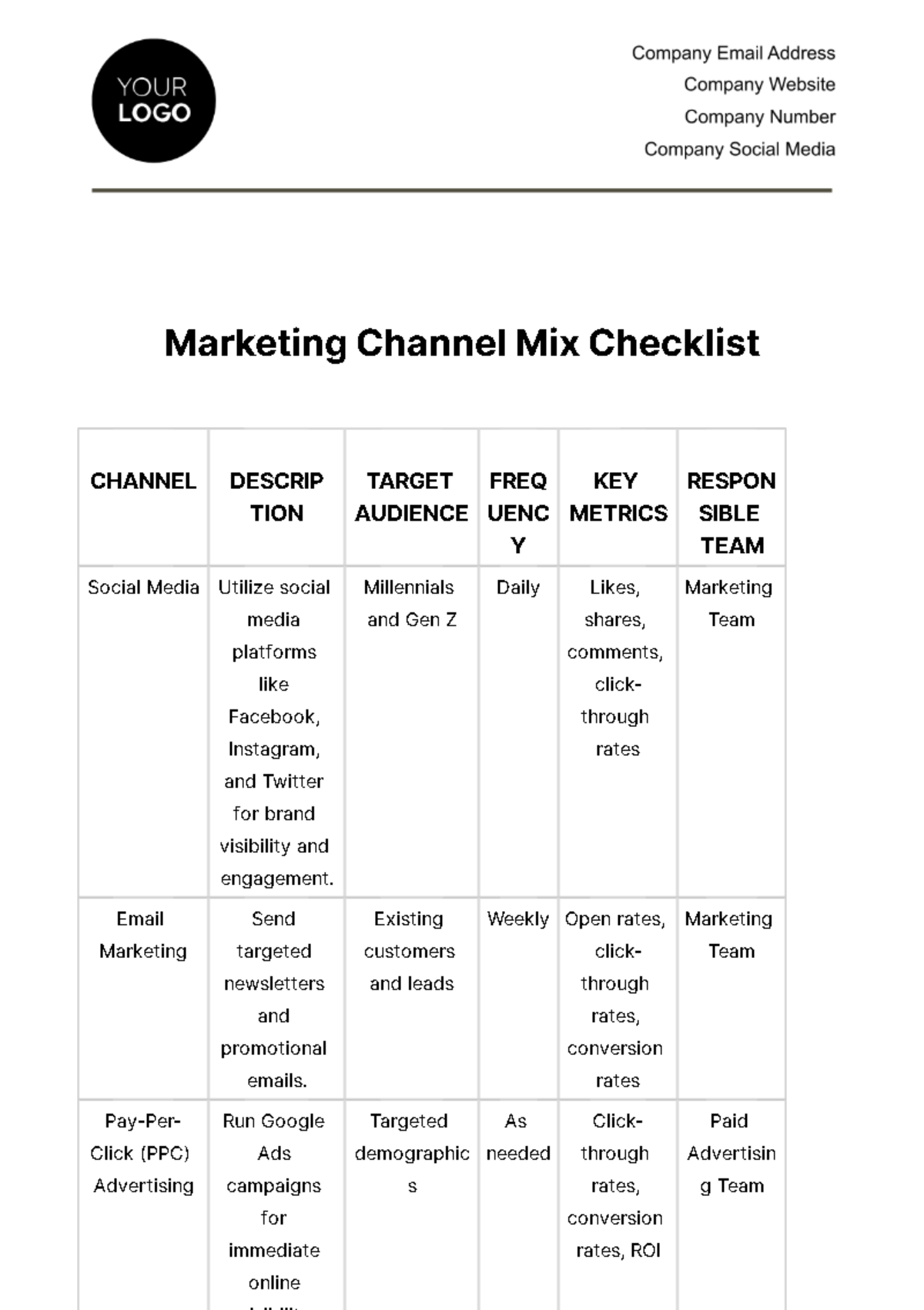 Free Marketing Channel Mix Checklist Template