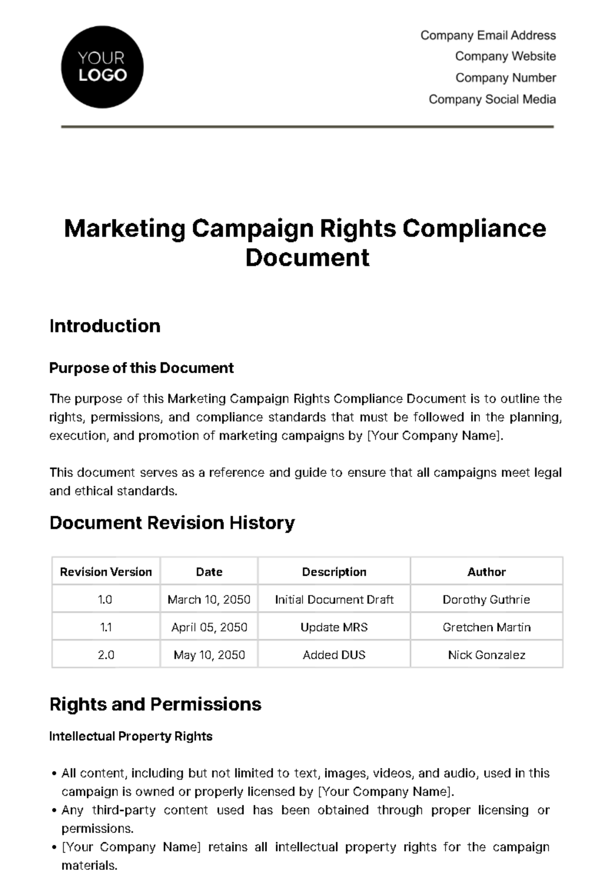Free Marketing Campaign Rights Compliance Document Template