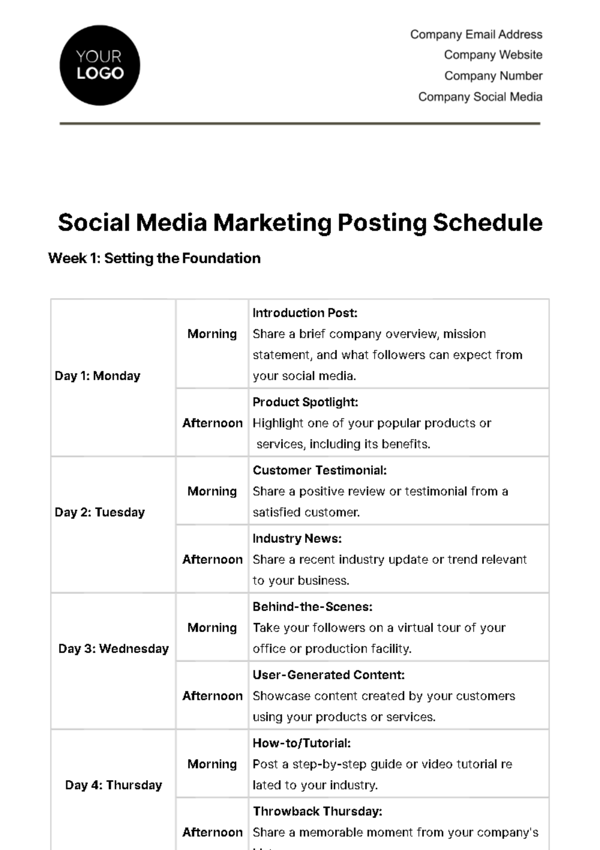 Social Media Marketing Posting Schedule Template