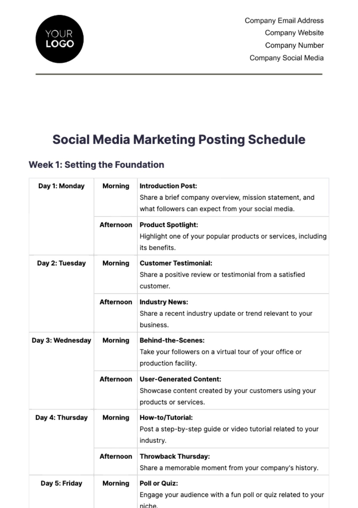 Social Media Marketing Posting Schedule Template - Edit Online & Download