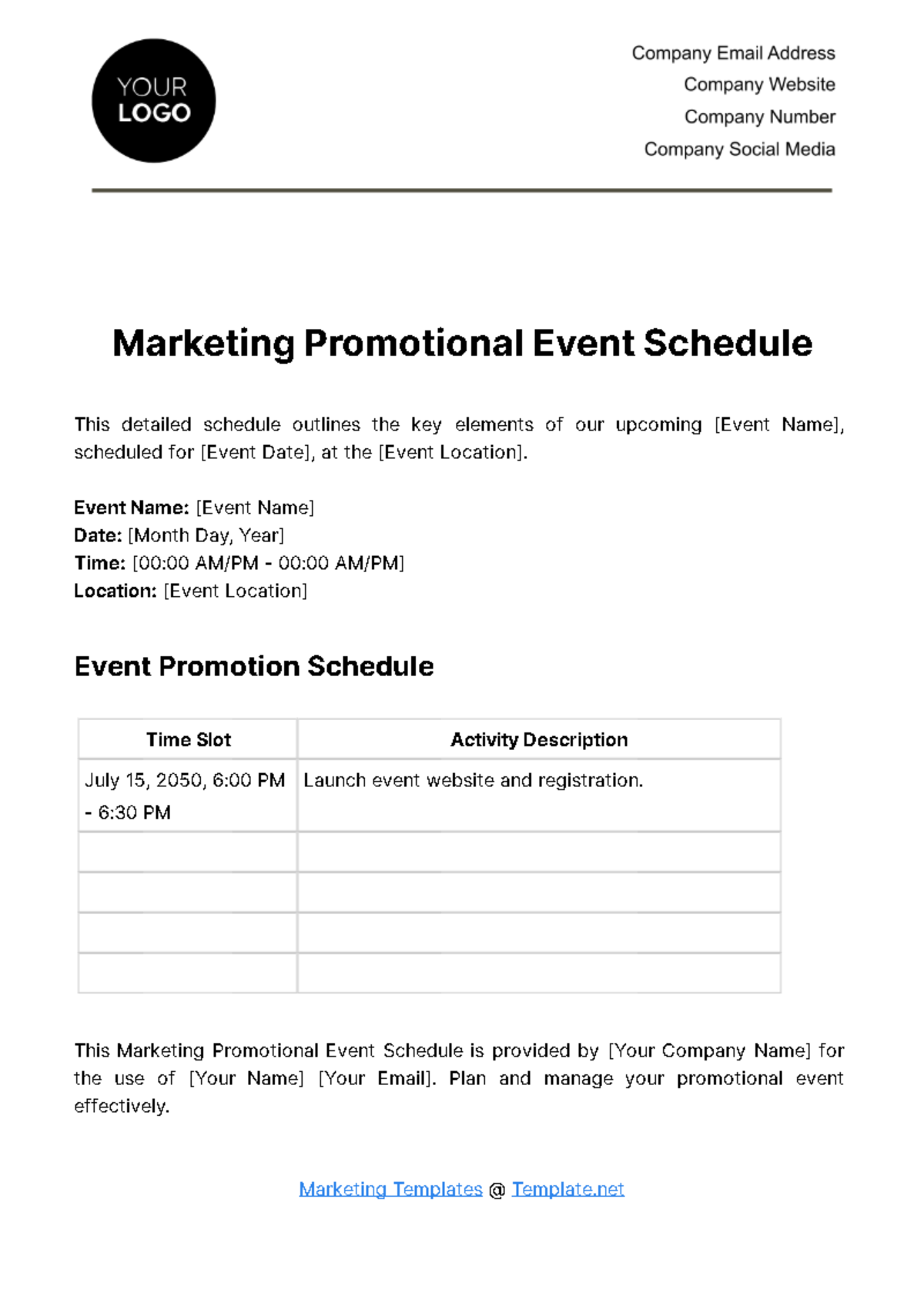 Marketing Promotional Event Schedule Template