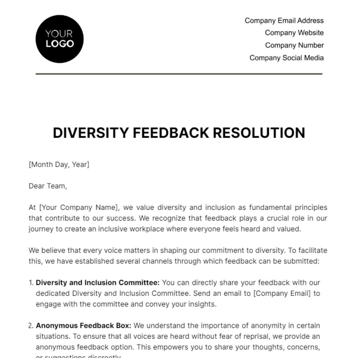 Diversity Feedback Resolution HR Template