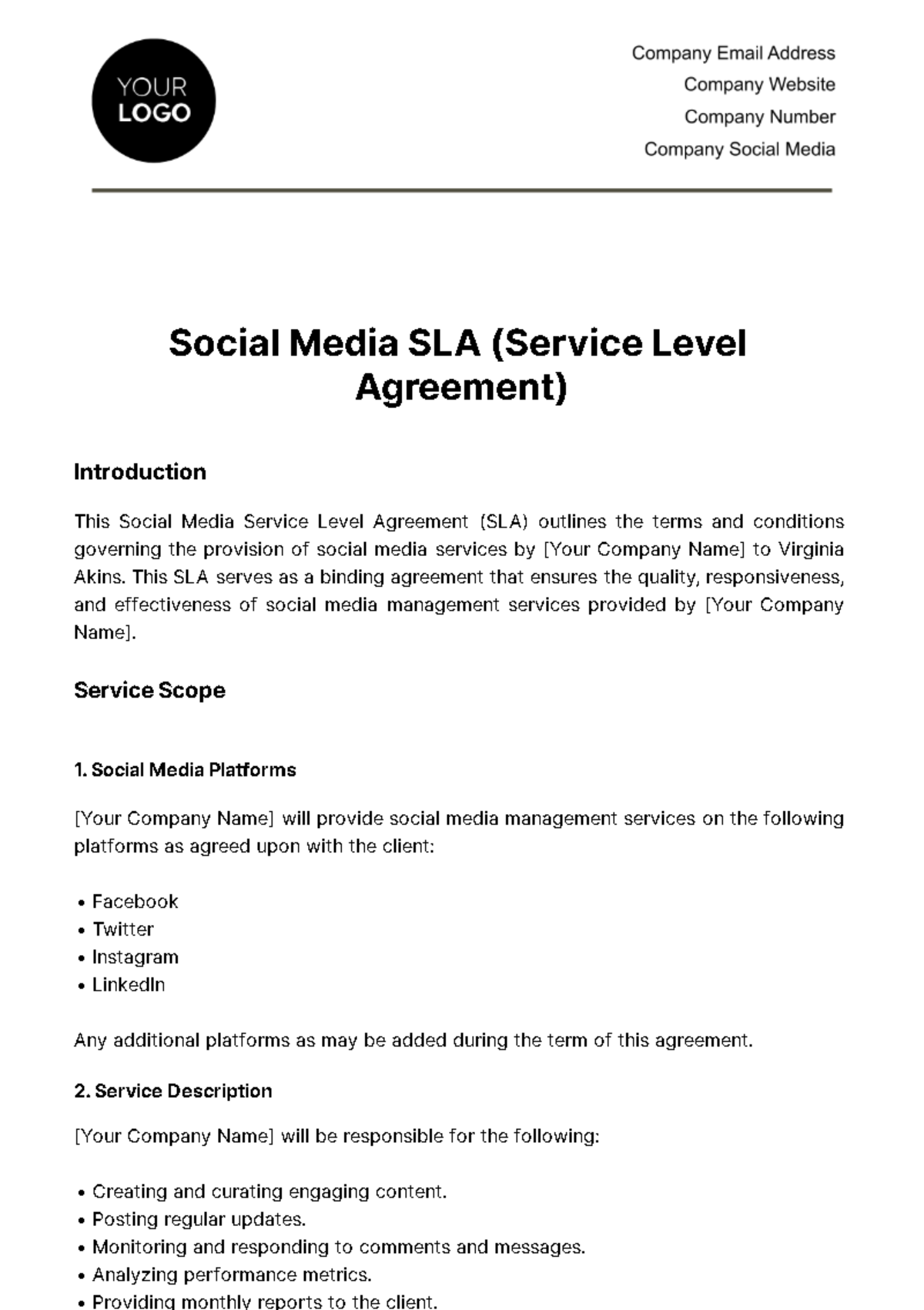 Social Media Marketing SLA Template