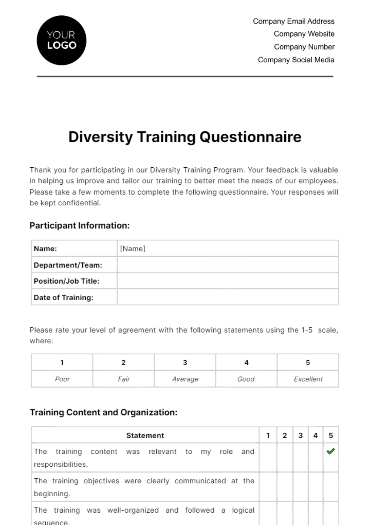 Free Diversity Training Questionnaire HR Template
