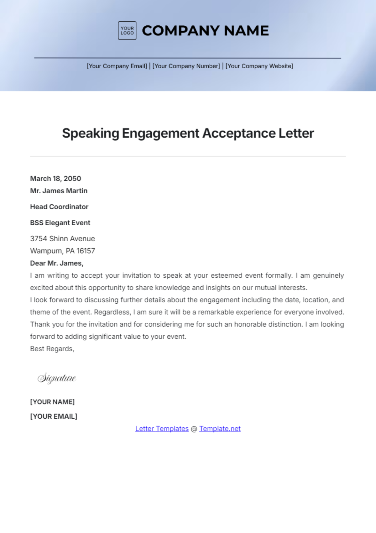 Speaking Engagement Acceptance Letter Template - Edit Online & Download