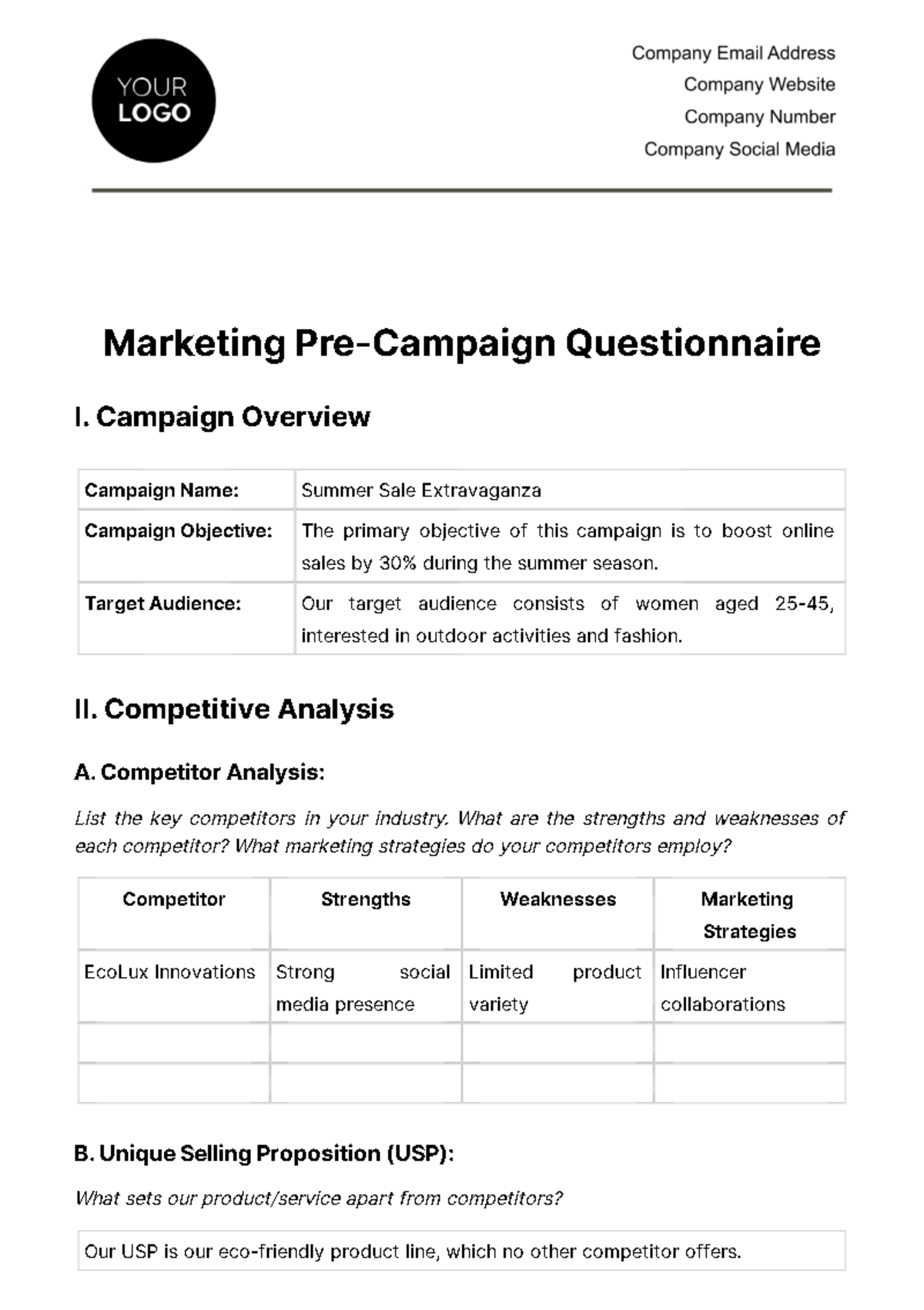 Free Marketing Pre-Campaign Questionnaire Template