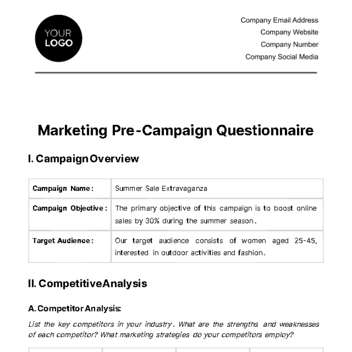 Marketing Pre-Campaign Questionnaire Template