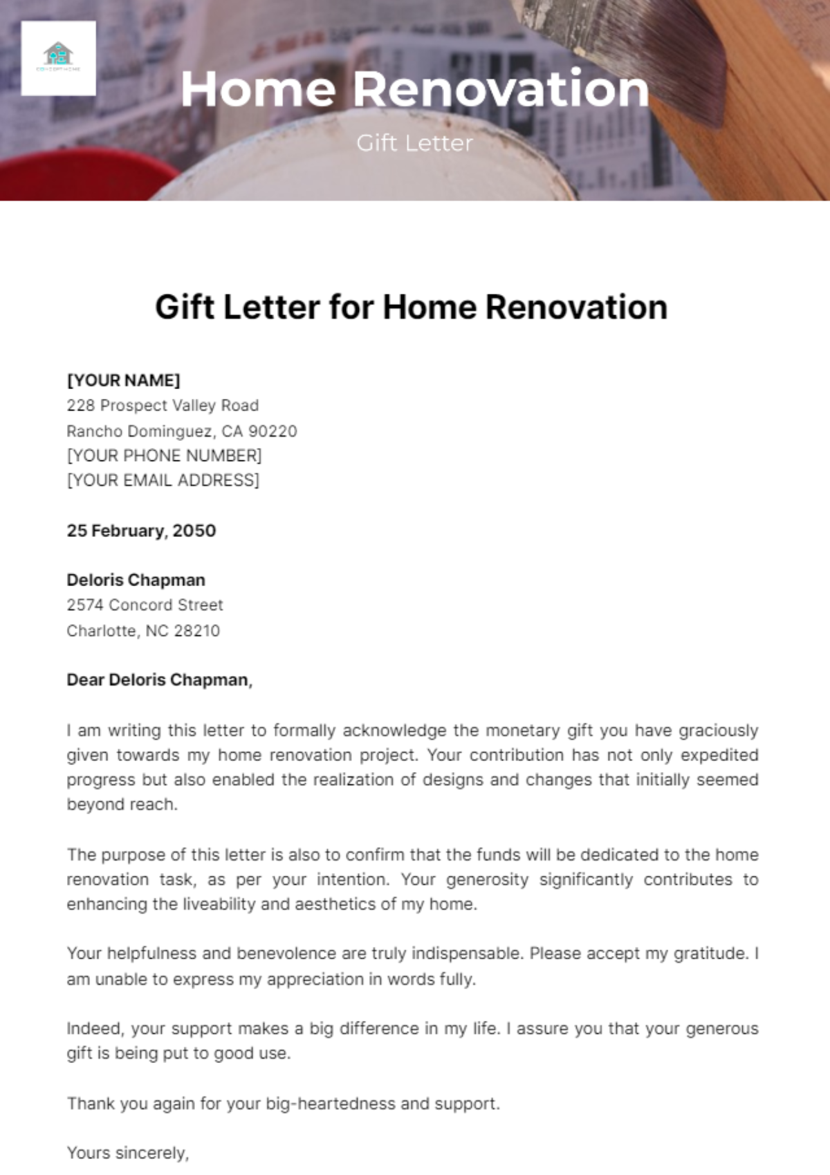 Gift Letter for Home Renovation Template