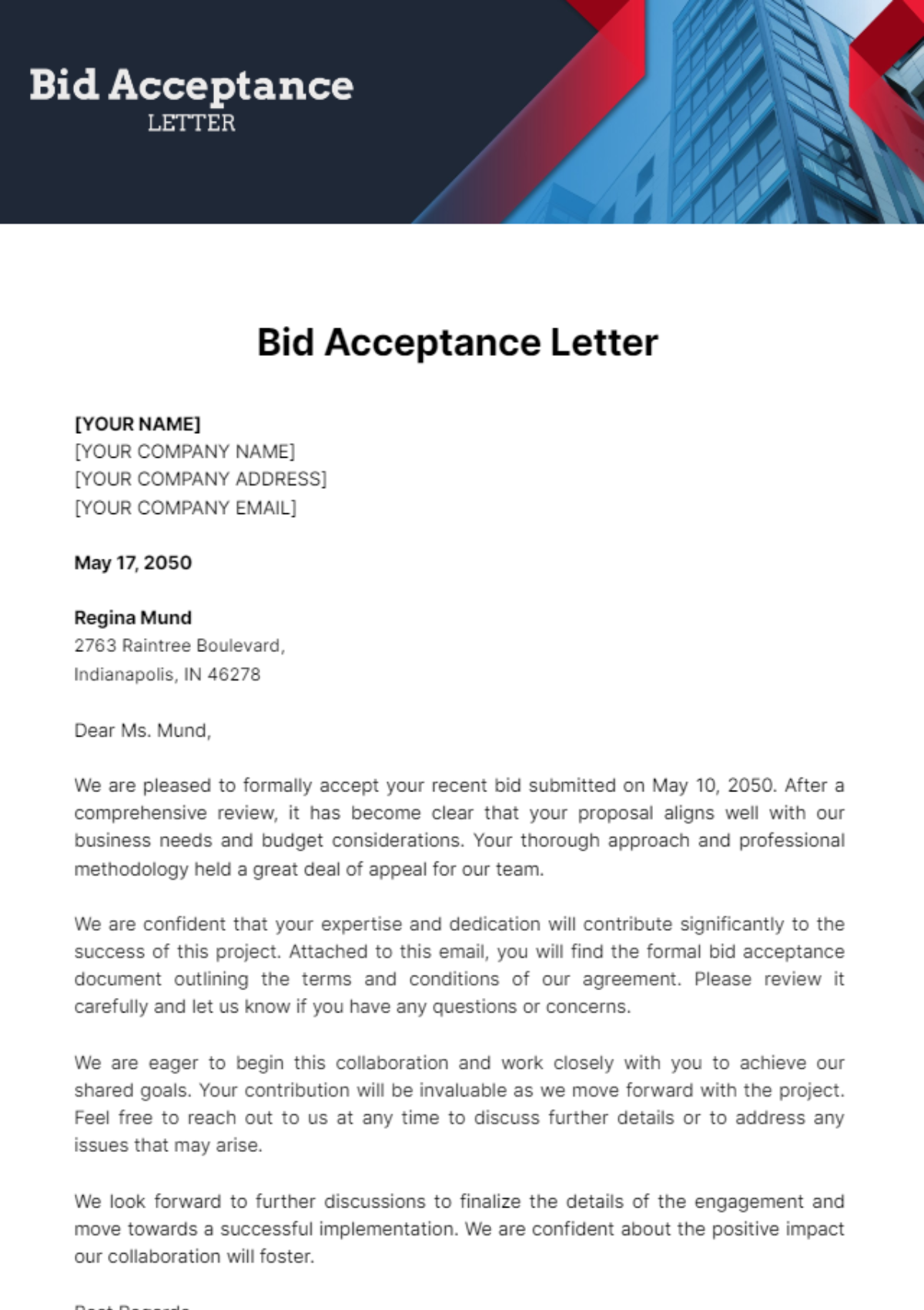 Bid Acceptance Letter Template