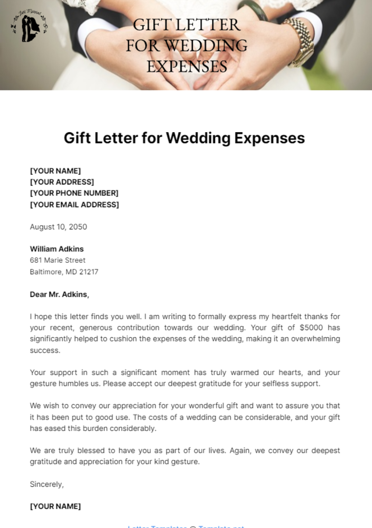 Gift Letter for Wedding Expenses Template