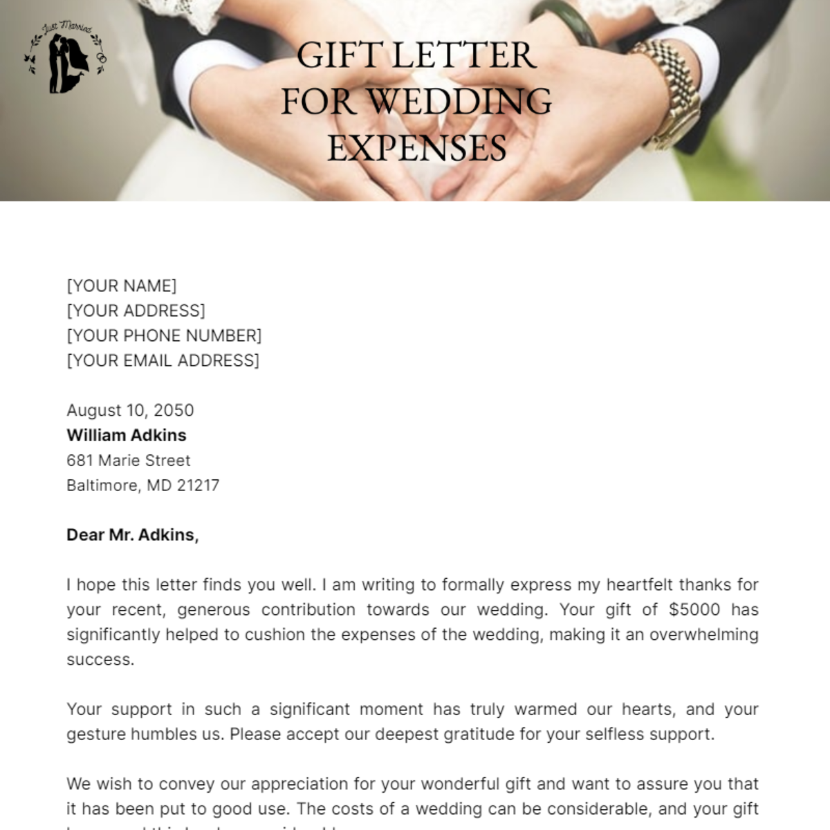 Gift Letter for Wedding Expenses Template - Edit Online & Download