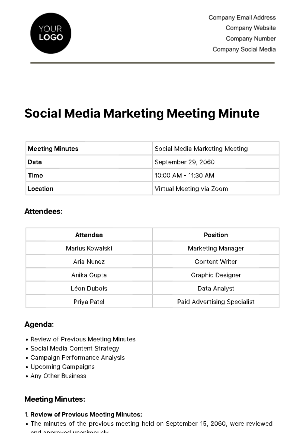 Social Media Marketing Meeting Minute Template