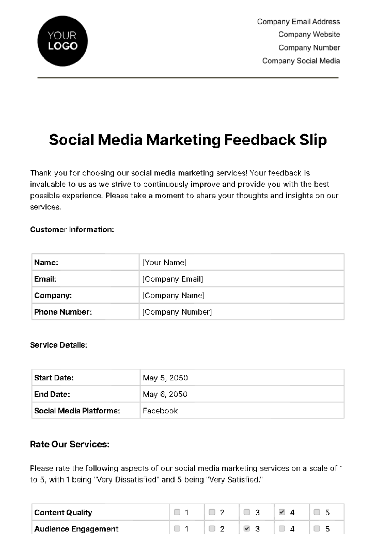 Social Media Marketing Feedback Slip Template