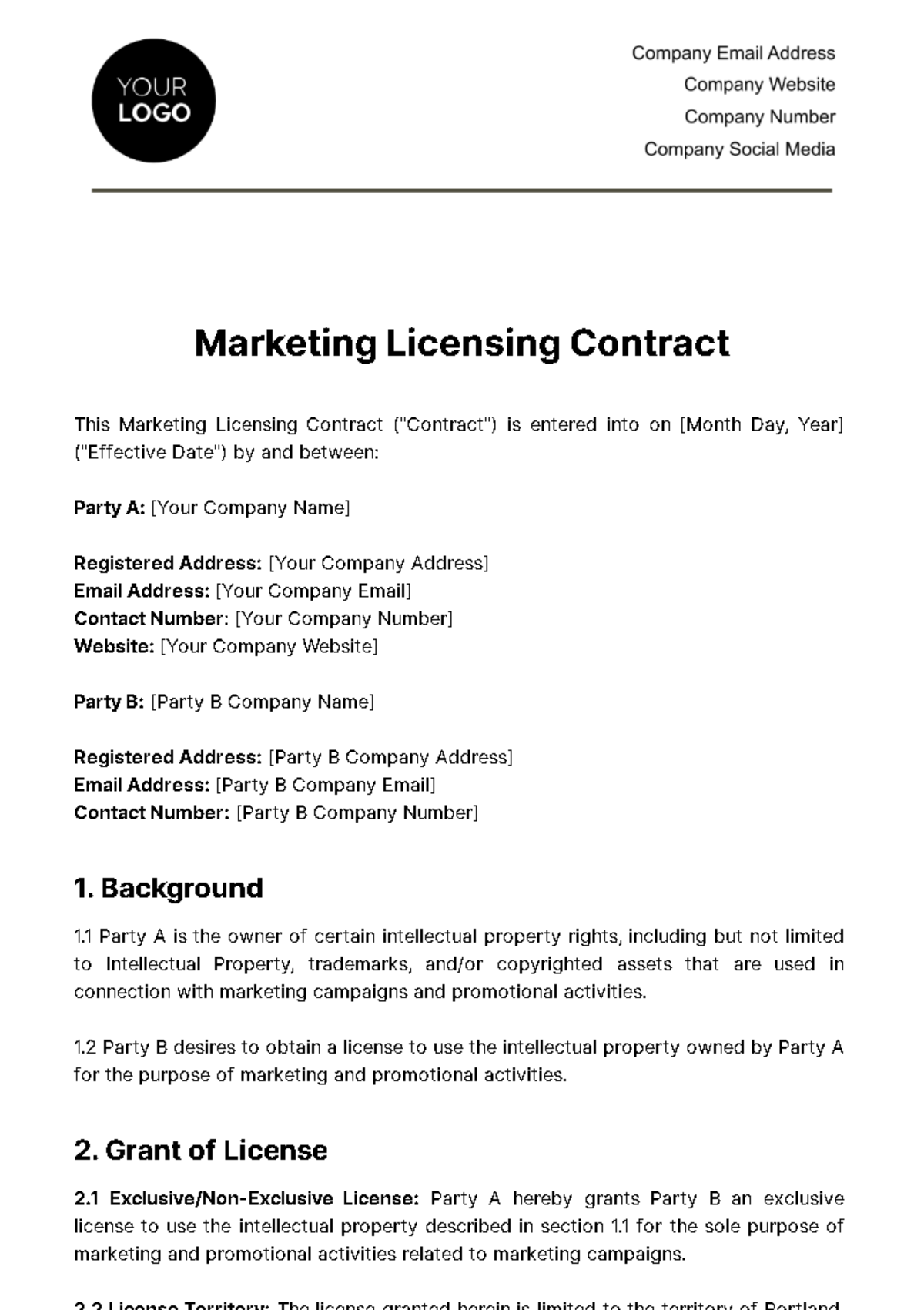 Free Marketing Licensing Contract Template