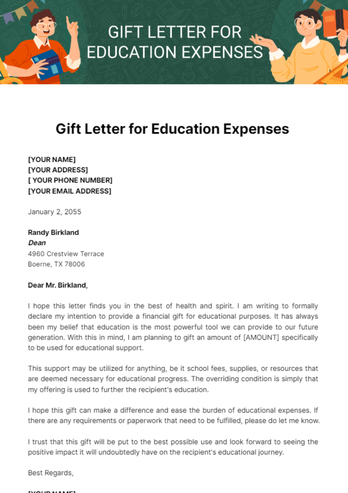 Gift Letter for Education Expenses Template