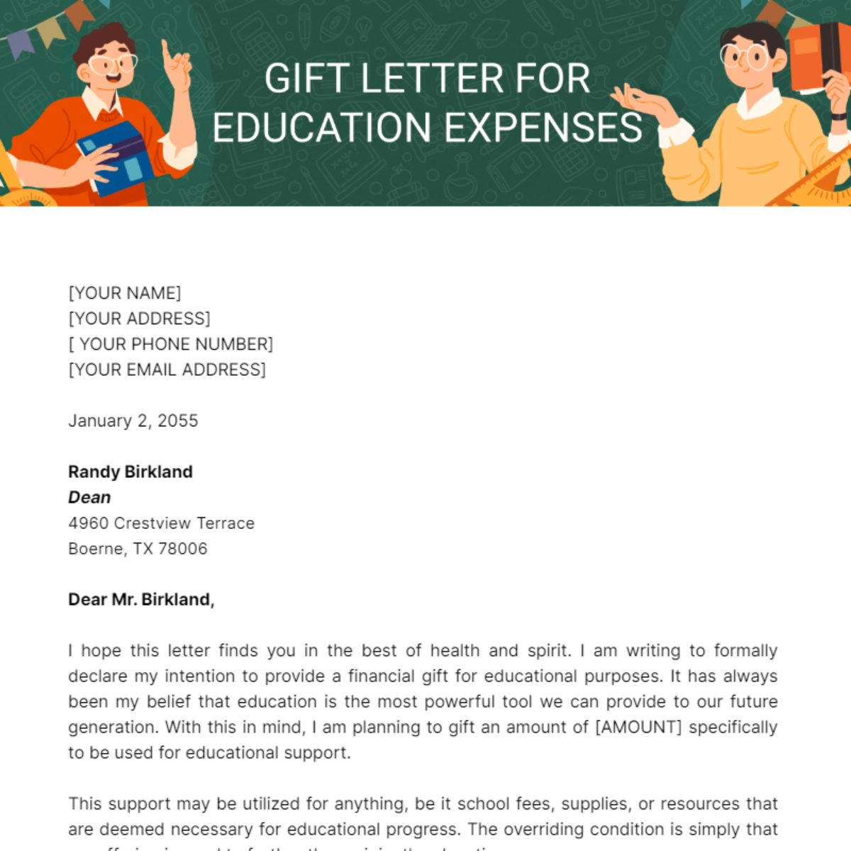 Gift Letter for Education Expenses Template - Edit Online & Download