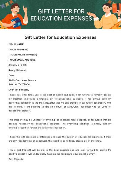 Free Gift Letter for Education Expenses Template to Edit Online