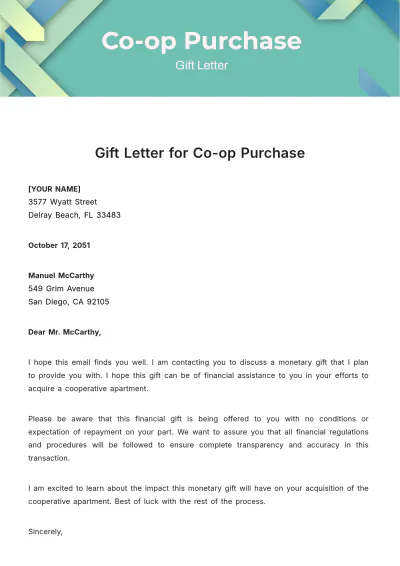 Free Gift Letter for Co-op Purchase Template to Edit Online
