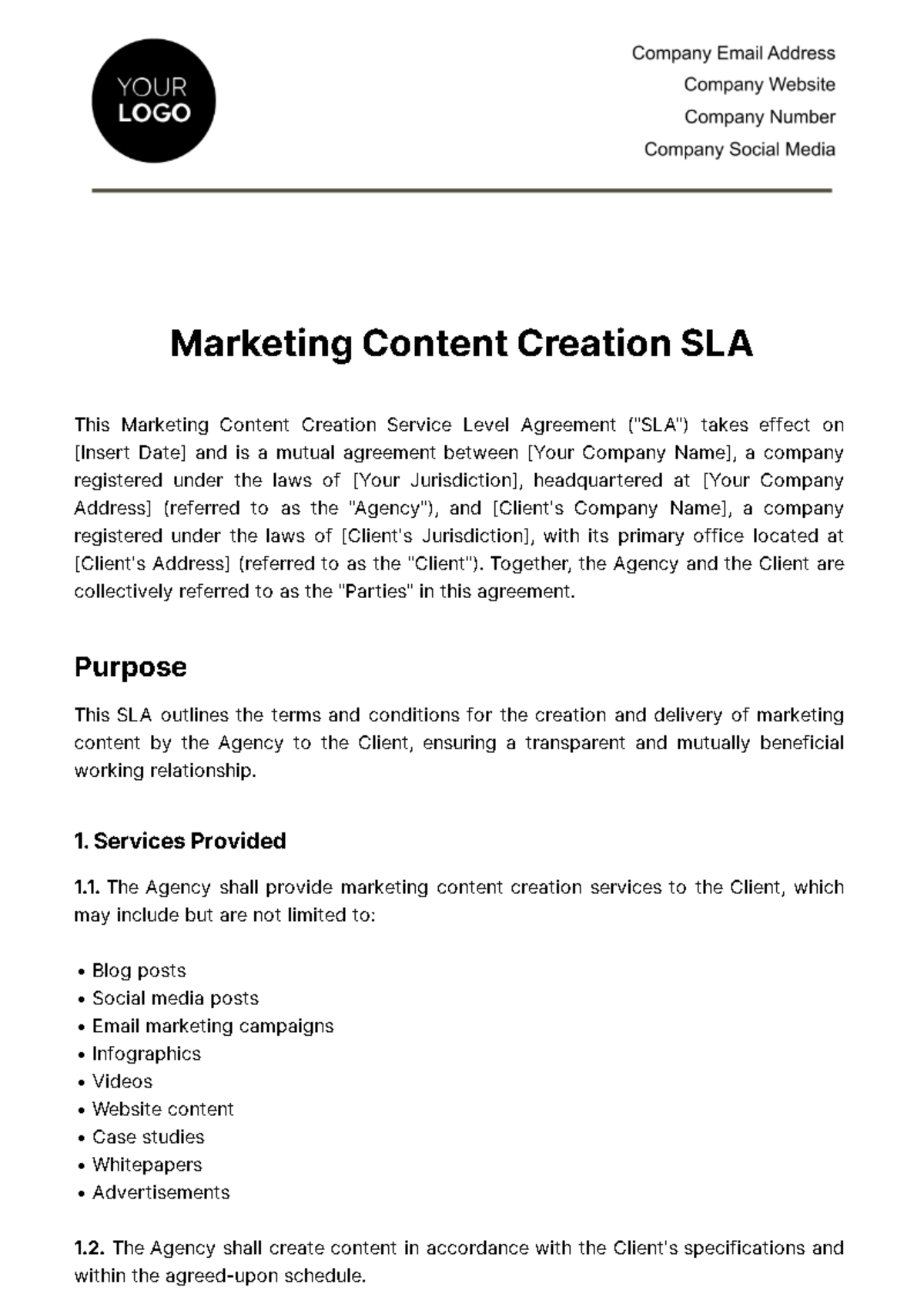 Free Marketing Content Creation SLA Template