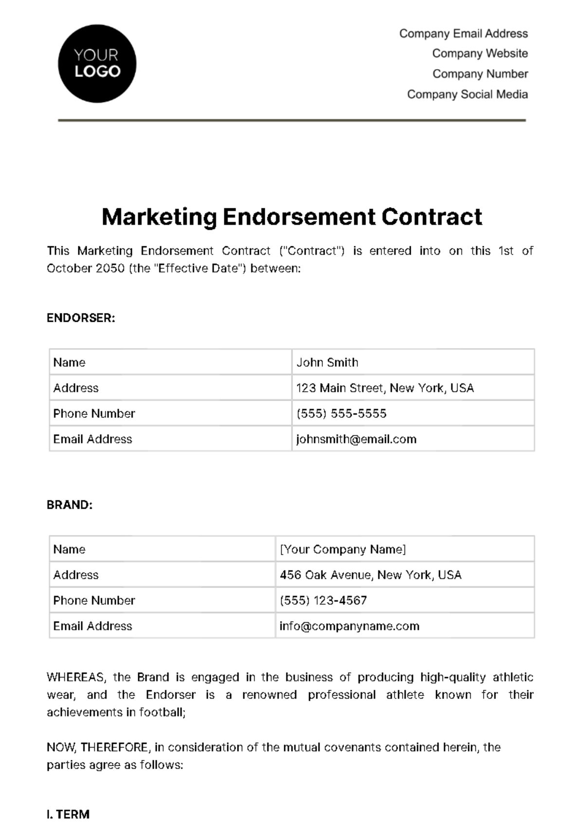 Marketing Endorsement Contract Template