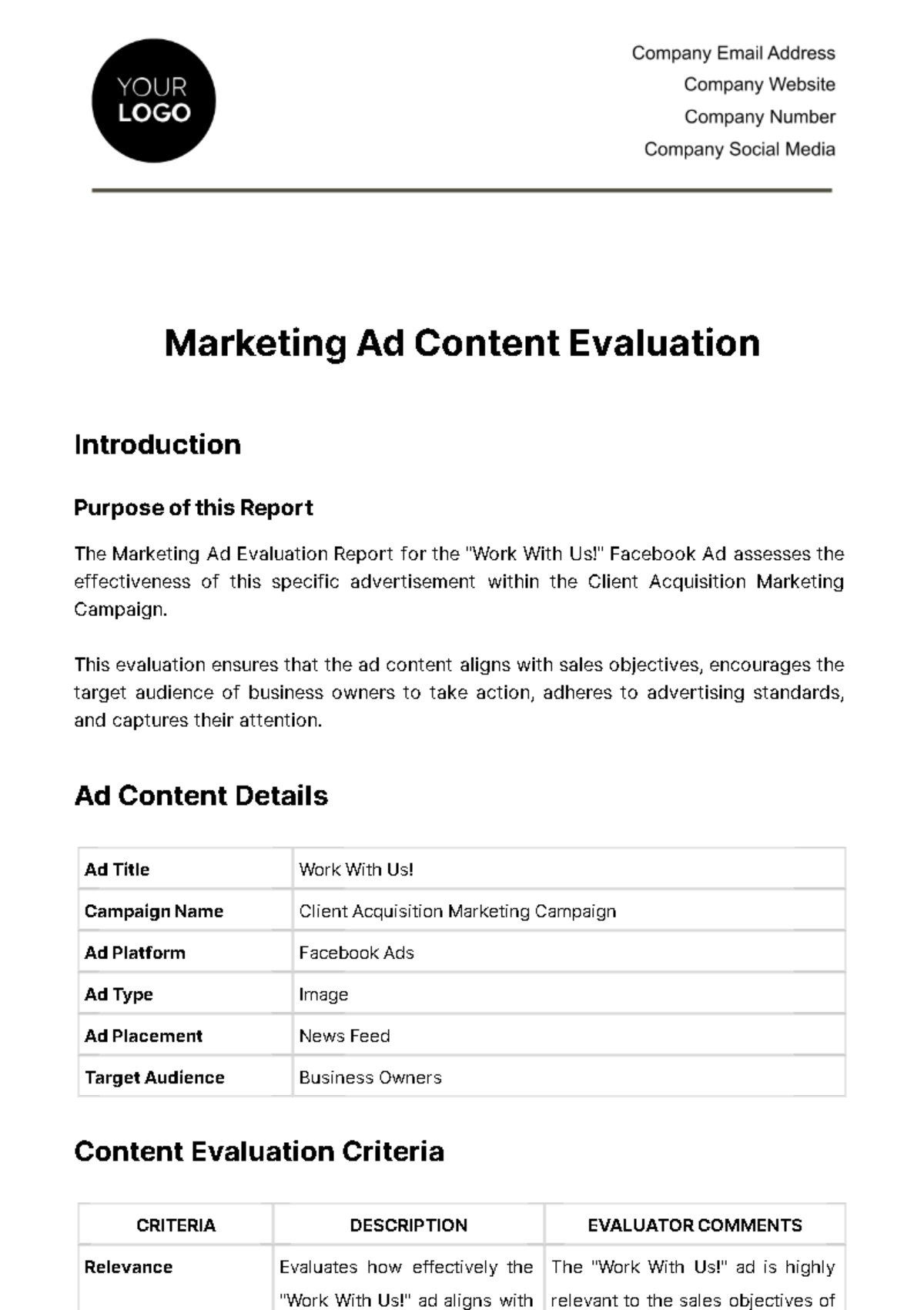 Free Marketing Ad Content Evaluation Template