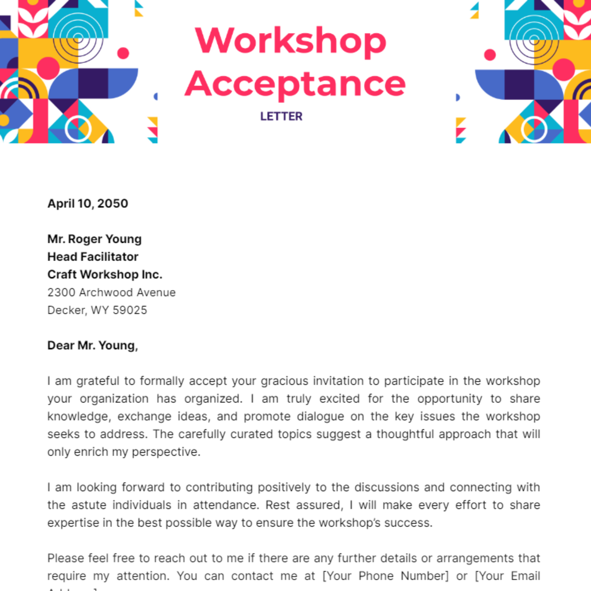 Workshop Acceptance Letter Template - Edit Online & Download