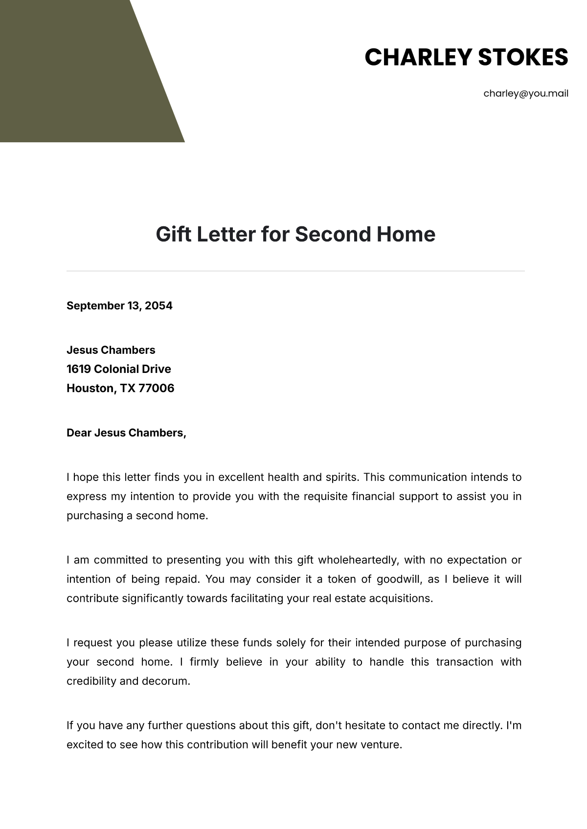 Gift Letter for Second Home Template