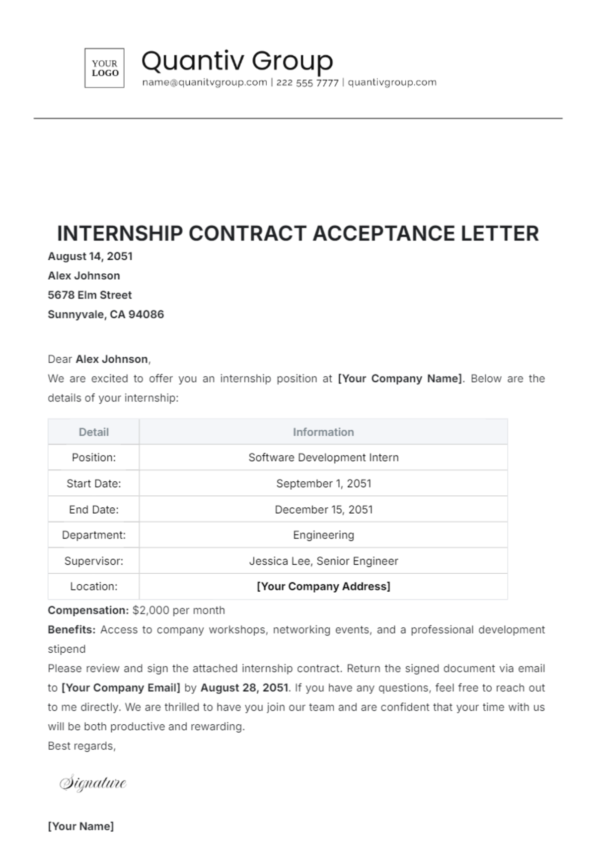 Internship Contract Acceptance Letter Template - Edit Online & Download