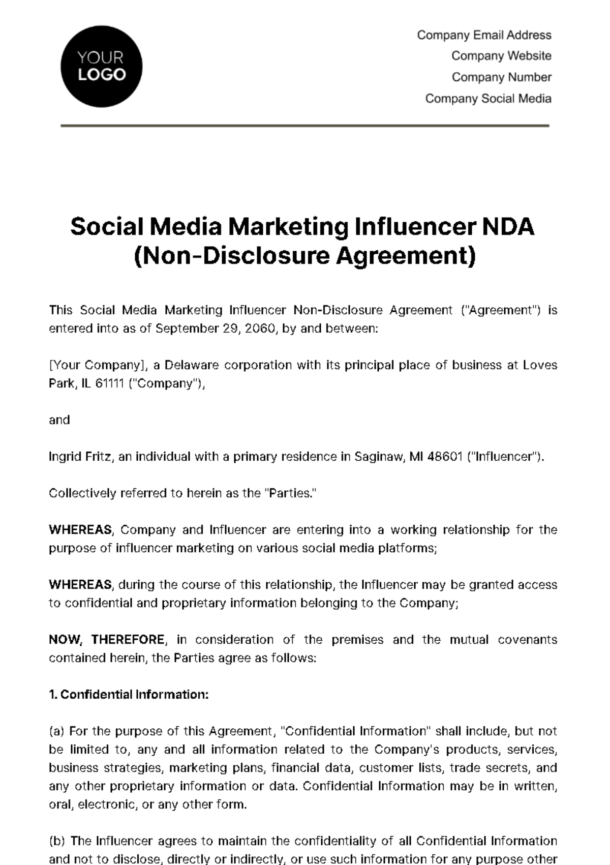 Social Media Marketing Influencer NDA Template