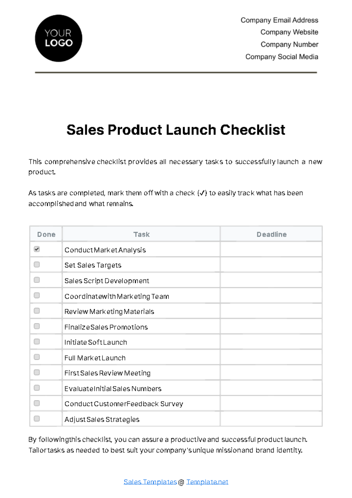 Free Sales Product Launch Checklist Template