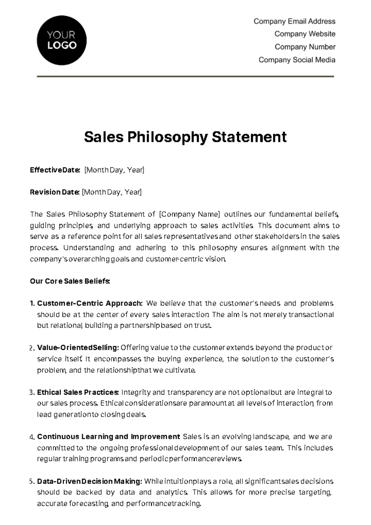 Sales Philosophy Statement Template