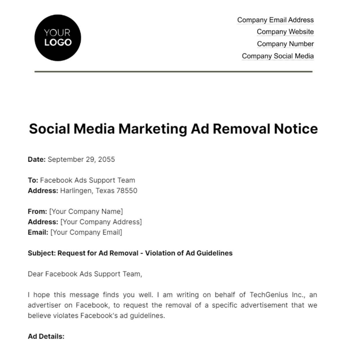 Social Media Marketing Ad Removal Notice Template