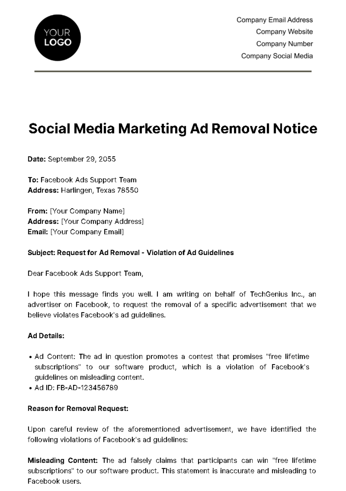 Social Media Marketing Ad Removal Notice Template - Edit Online & Download